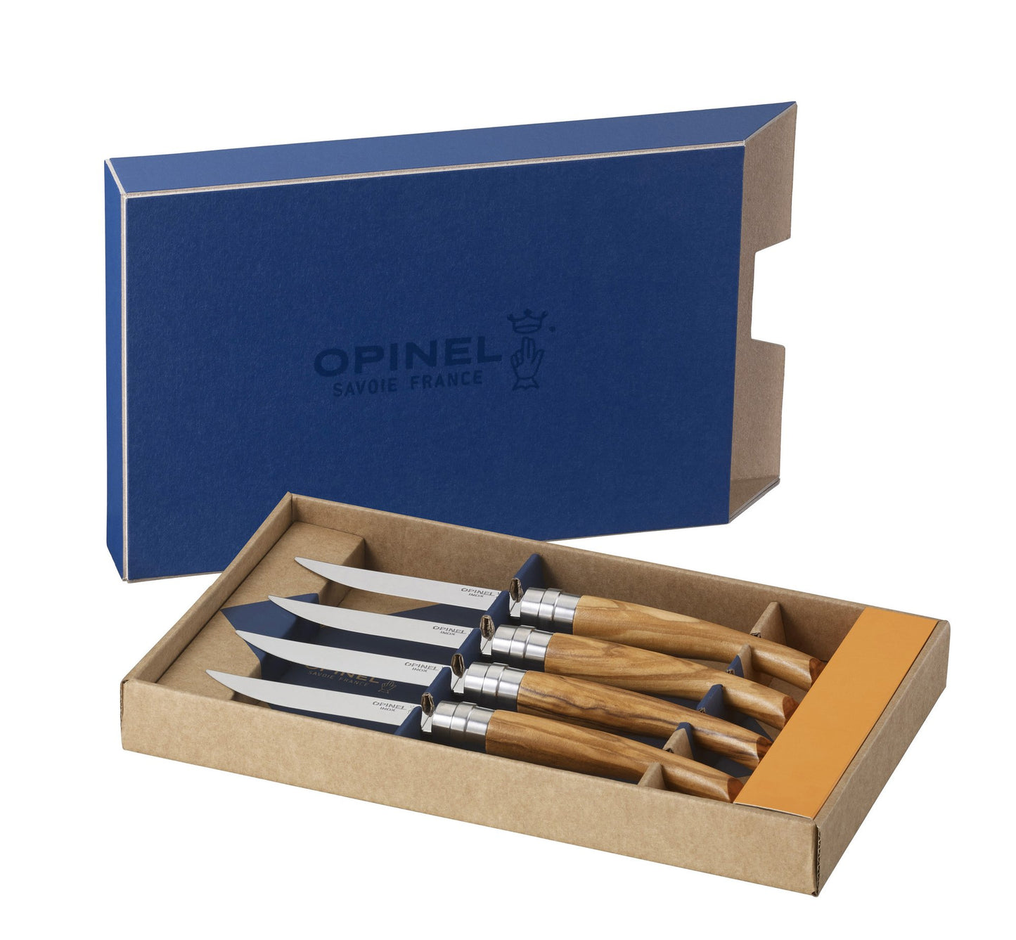 Æske med 4 steakknive, oliventræ