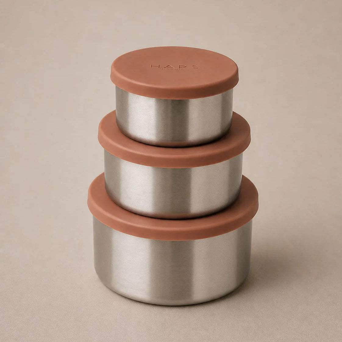 Rustfri stål bokse 3 stk. med terracotta farvet låg